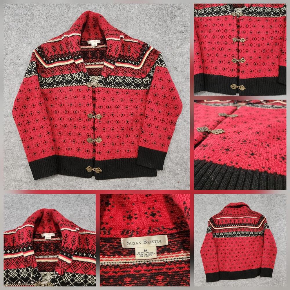 VTG Susan Bristol Womens M Medium Wool Fair Isle Clasp Cardigan Shawl‎ Sweater